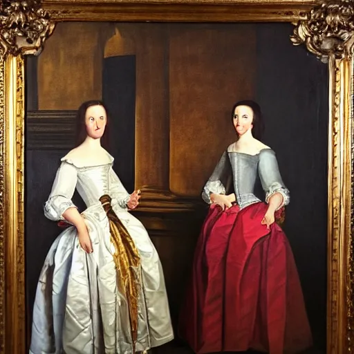 Prompt: oil on canvas. two women in a vast castle lobby wearing fine clothes. dark room with light coming through the right side of the place. baroque style 1 6 5 6. high quality painting, no distortion on subject faces.