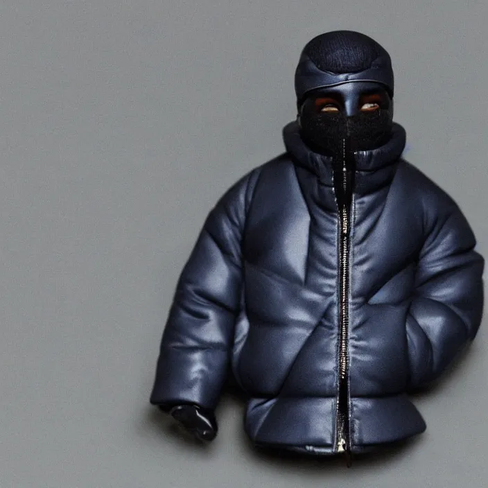 Image similar to a goodsmile figure of kanye west using a full face covering black mask, a small, tight, undersized reflective bright blue round puffer jacket made of nylon, dark jeans pants and big black balenciaga rubber boots, figurine, detailed product photo