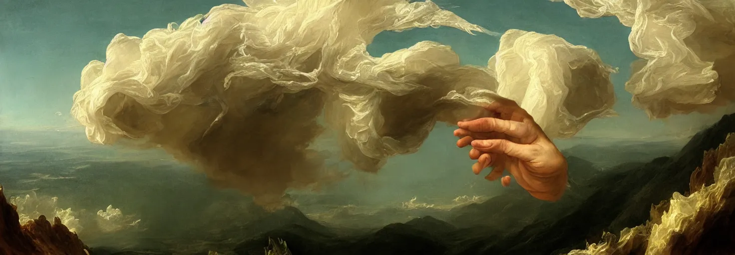 Image similar to a painting of a hand descending from the clouds demanding payment, in the style of an epic Thomas Cole painting