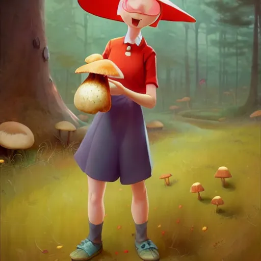 Image similar to goro fujita ilustration a cheerful girl collecting mushrooms in the forest, characterized by masamune shirow and bagshaw tom, character art, sharp focus, highly detailed, artstation