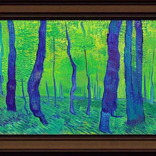 Prompt: landscape painting of a large dark but beautiful forest. the sunset reflected on the surface of the leaves. light green, blue, purple. art by van gogh, picasso, cezanne, david hockney.