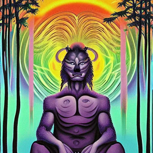 Prompt: a werewolf meditating near a zen waterfall by lisa frank and karel thole and alex grey oil on canvas