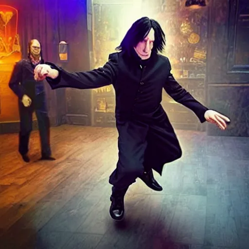 Image similar to Severus Snape dances in a bar, neon, realistic, full body, very detailed, super realistic dramatic view