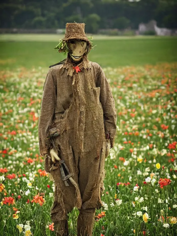 Image similar to human-like scarecrow wearing torn military clothes in beautiful meadow of flowers, ww1 photo, grainy, high detail, high resolution,