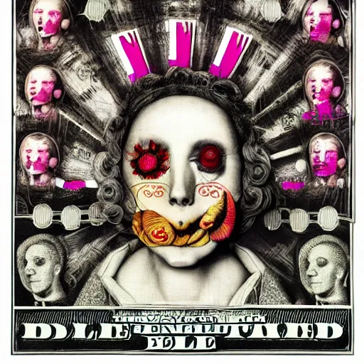 Prompt: post - punk new age album cover, white fabric banner on the top, asymmetrical design, dollar bank notes, capitalism, magic, apocalypse, psychedelic, black white pink, magic, giger h. r., giuseppe arcimboldo