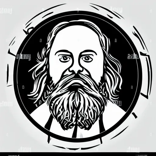 Image similar to bearded man using woodlathe, machinery, sawblade border, vector art, simple, clean, monochromatic, woodturning