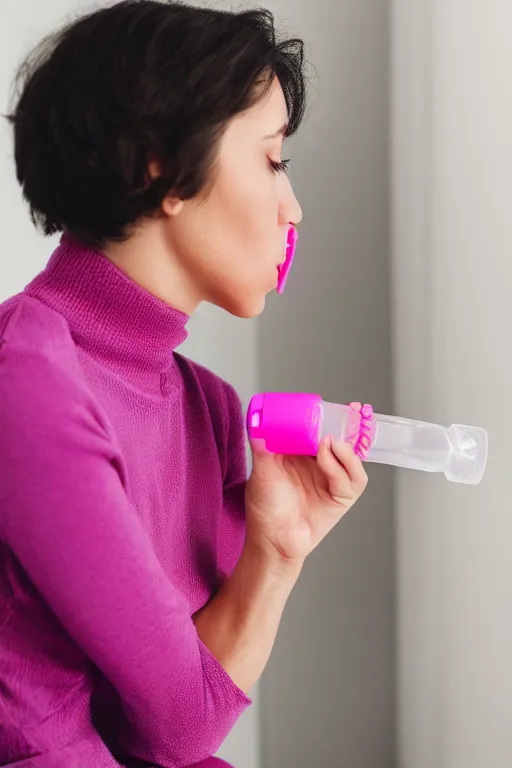 Prompt: Woman using a Pink Vapor Inhaler