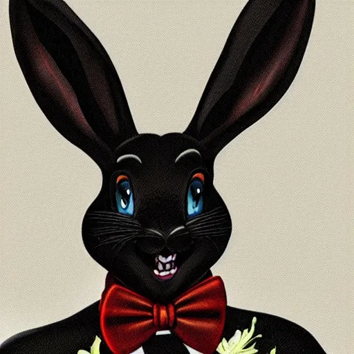 Image similar to A extremely highly detailed majestic hi-res beautiful, highly detailed head and shoulders portrait of a scary terrifying, horrifying, creepy black cartoon rabbit with a bowtie and scary big eyes, earing a shirt laughing, hey buddy, let's be friends, in the style of Walt Disney