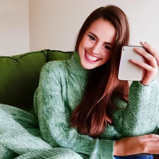 Prompt: Photograph of a cute young woman taking a selfie, long shiny bronze brown hair, full round face, emerald green eyes, medium skin tone, light cute freckles, smiling softly, wearing casual clothing, relaxing on a modern couch, interior lighting, cozy living room background, close-up shot, trending on Instagram, Pinterest