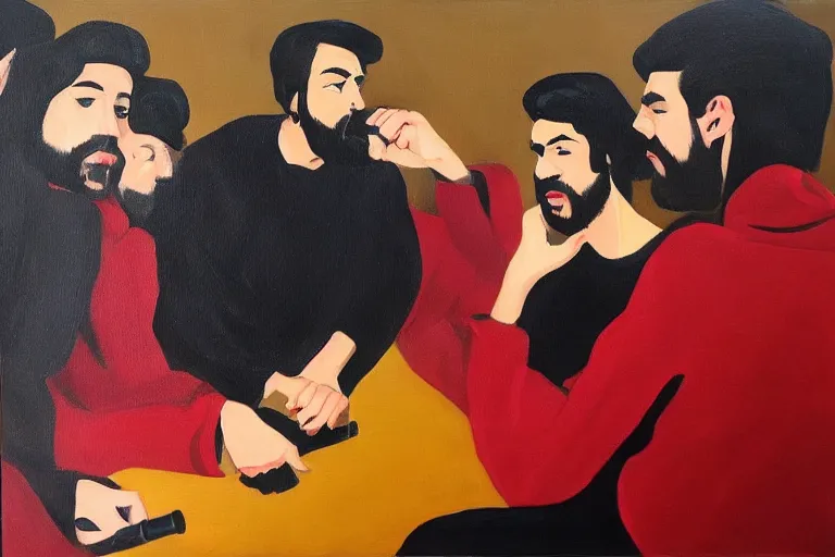 Image similar to a group of spanish trap singers drinking red wine, oil painting by alex katz, trending on artstation