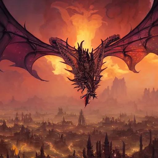 Image similar to an ornately decorated evil black dragon setting an ancient fantast city on fire in the desert, art by artgerm and greg rutkowski and magali villeneuve and alphonse mucha and rossdraws and makoto shinkai, d & d, fantasy, highly detailed, digital painting, trending on artstation, concept art, sharp focus, illustration