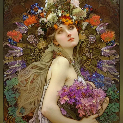 Prompt: goddess of flowers , by Alphonse Mucha, Hyperrealism, Photorealism, Tilt-shift, High Detail, High Definition