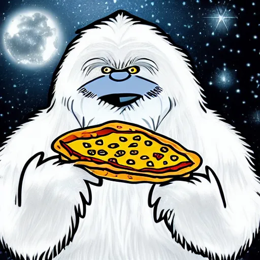 Prompt: friendly wizard yeti eating pizza