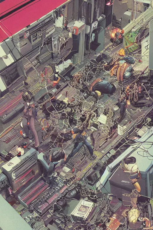 Prompt: a hyper-detailed cyberpunk magazine cover illustration of a group of four female androids' body pieces with cables and wires coming out, lying scattered over an empty floor, by masamune shirow and katsuhiro otomo, seen from above, japan 1980s