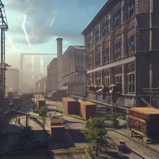 Image similar to factories of the industrial revolution in europe, highly detailed, photorealistic shot, bright studio setting, studio lighting, crisp quality and light reflections, unreal engine 5 quality render