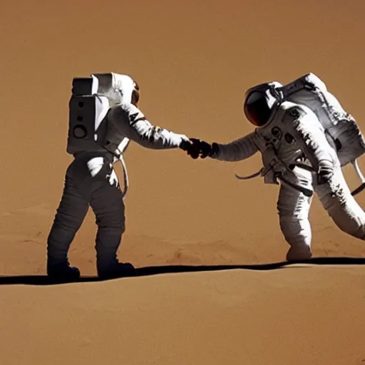 Image similar to two astronauts standing in the middle of a desert shaking hands, one of the astronauts are on fire