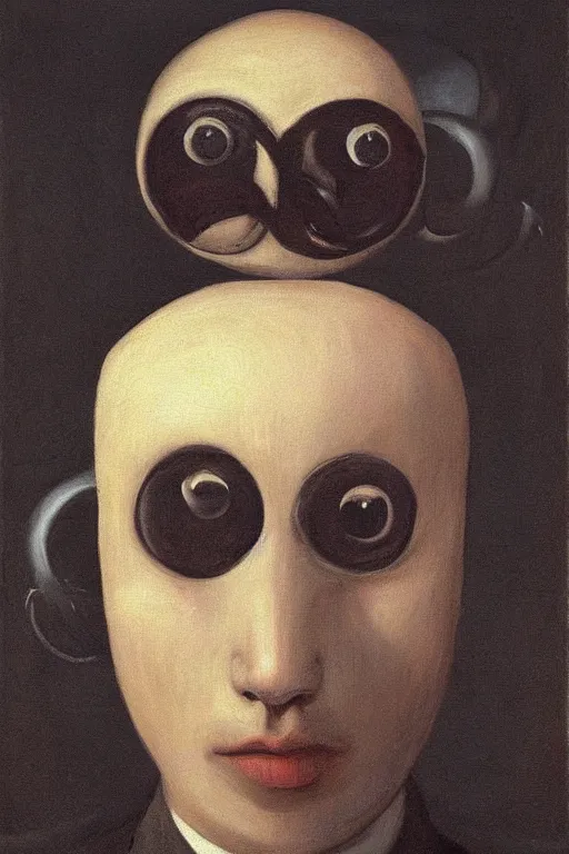 Prompt: a painting portrait of a mutant with six eyes, two noses and three mouths character art, painting by hammershøi