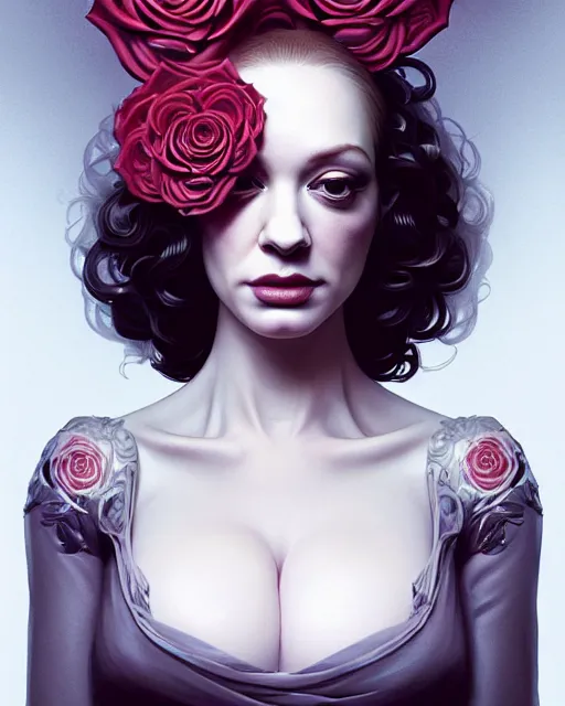 Prompt: perfectly - centered!! looking camera!! symmetrical!! portrait of christina hendricks with roses, baroque, roses, intricate abstract upper body intricate artwork, by tooth wu, wlop, beeple, dan mumford. concept art, octane render, deviantart, greg rutkowski, cinematic arthouse, key art, hyper realism, iridescent accents