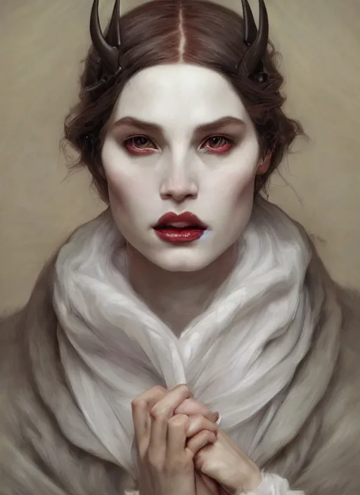 Prompt: demon white horns, feminine, elegant, wearing a long coat, hyper realistic, extremely detailed, dnd character art portrait, fantasy art, dramatic lighting, vivid colors, artstation, by edgar maxence and caravaggio and michael whelan and delacroix, lois van baarle and bouguereau