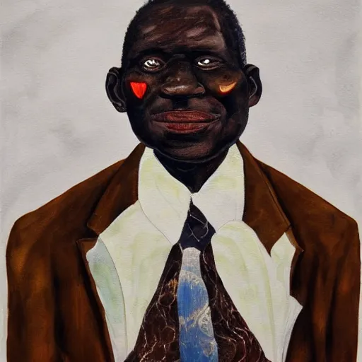 Image similar to a painting of a fatherly wide forehead, aquiline nose, round face, XXL , loving, caring, generous, ever-present, humble, wise elder from Kenya with a friendly expression in a suit by Wangechi Mutu . Fatherly/daddy, focused, loving, leader, relaxed,. ethereal lights, details, smooth, sharp focus, illustration, realistic, cinematic, artstation, award winning, rgb , unreal engine, octane render, cinematic light, macro, depth of field, blur, red light and clouds from the back, highly detailed epic cinematic concept art CG render made in Maya, Blender and Photoshop, octane render, excellent composition, dynamic dramatic cinematic lighting, aesthetic, very inspirational, arthouse.