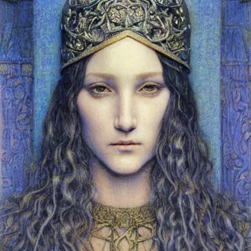 Prompt: detailed realistic beautiful young medieval queen face portrait by jean delville and tony diterlizzi, art nouveau, symbolist, visionary, gothic, pre - raphaelite