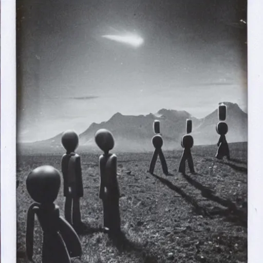 Prompt: polaroid photograph of aliens visiting earth, 1 9 5 0