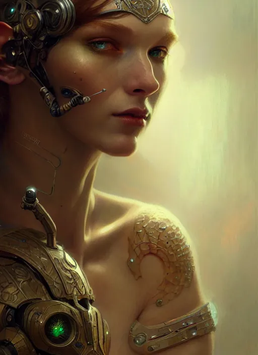 Image similar to cyborg elf, diffuse lighting, fantasy, intricate, elegant, highly detailed, lifelike, photorealistic, digital painting, artstation, illustration, concept art, smooth, sharp focus, art by John Collier and Albert Aublet and Krenz Cushart and Artem Demura and Alphonse Mucha