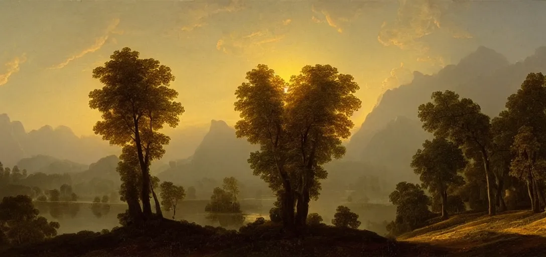 Image similar to a forest with diamond trees at sunset there is golden castle off in the distance, highly detailed landscape painting by claude lorrain, golden hour, misty ominous atmosphere