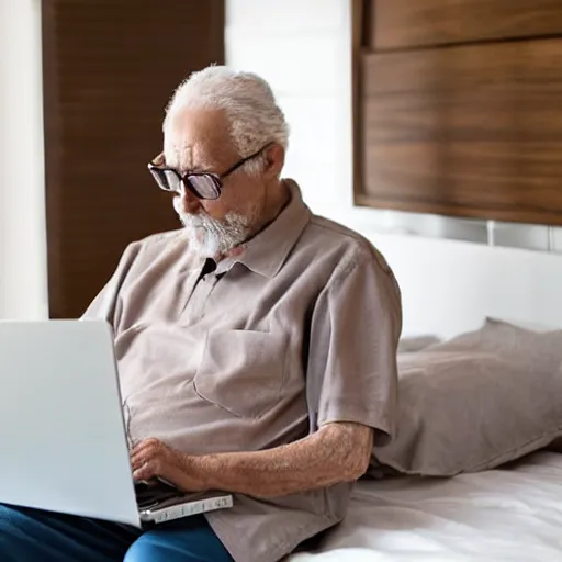 Image similar to elderly man inside a casket browsing internet on laptop from a casket casket