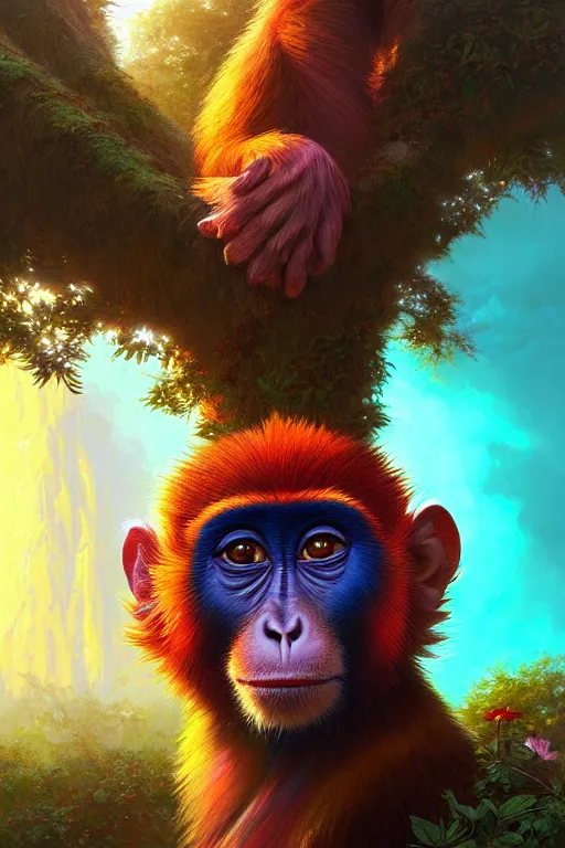 Prompt: highly detailed portrait of rainbow - colored cappuccin monkey, stephen bliss, unreal engine, fantasy art by greg rutkowski, rhads, ferdinand knab, makoto shinkai and lois van baarle, ilya kuvshinov, rossdraws, tom bagshaw, global illumination, radiant light, red blue theme, jungle, flowers