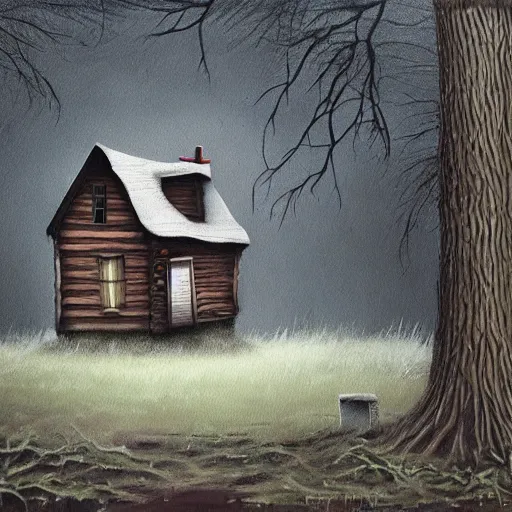 Prompt: a painting of a eerie cabin in the middle of the woods in the style of banksy