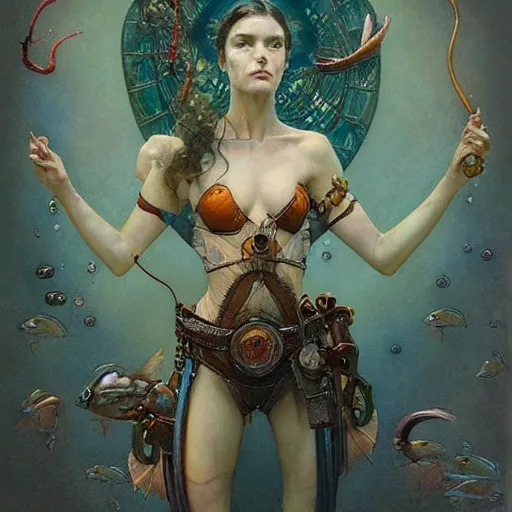 Prompt: '' fantasy fish, concept art, schematics, gnarly details painted by tom bagshaw, norman rockwell, mucha, gurney''