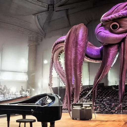 Image similar to a photo of a giant octopus playing grand piano in a concert hall