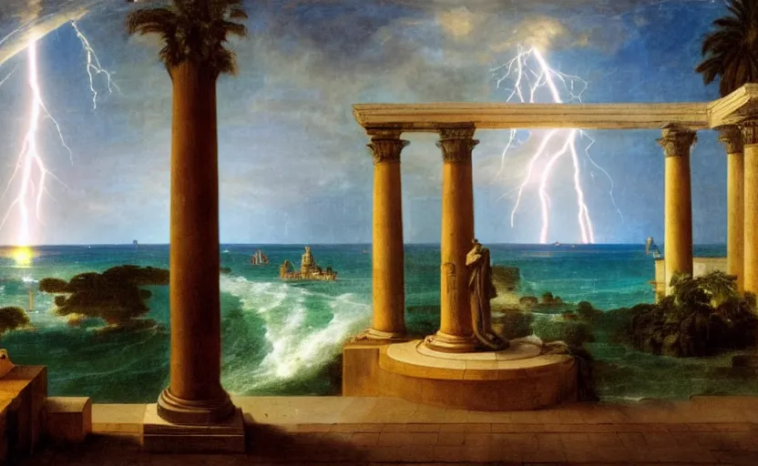 Prompt: mediterranean balustrade and columns, refracted lightnings on the ocean, thunderstorm, fountain, greek pool, beach and Tropical vegetation on the background major arcana sky and occult symbols, by paul delaroche, hyperrealistic 4k uhd, award-winning, very detailed paradise