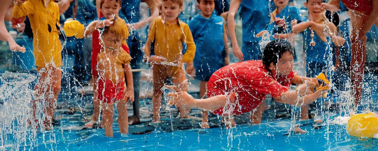 Image similar to shame at sea world playing with spaghetti, water splashing,, small details, intricate, sharply focused, canon 5 0 mm, wes anderson film, kodachrome