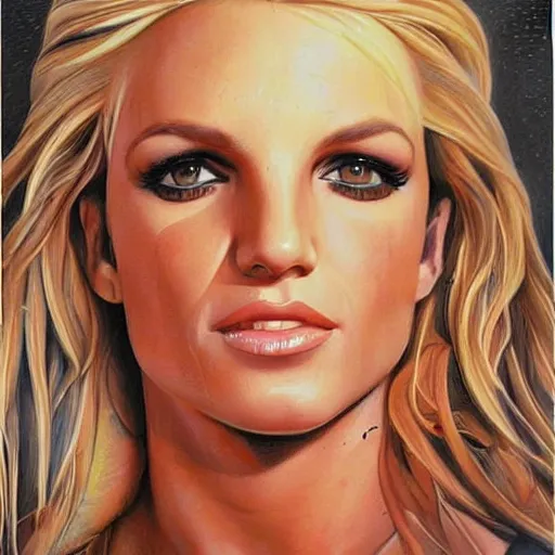 Image similar to detailed portrait of britney spears pencil art, intricate, hyper detailed, realistic, oil painting, by julie bell, frank frazetta, cinematic lighting