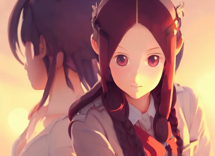 Image similar to portrait of girl maria, helm of second world war warship in background, illustration concept art anime key visual trending pixiv fanbox by wlop and greg rutkowski and makoto shinkai and studio ghibli and kyoto animation, symmetrical facial features, astral witch clothes, dieselpunk, golden details, gapmoe yandere grimdark, volumetric lighting, backlit