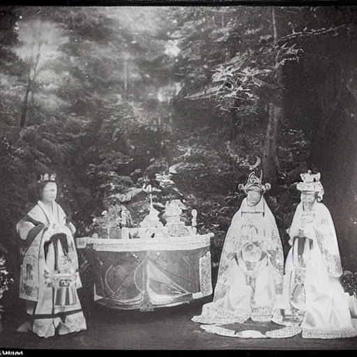 Image similar to A wide-angle, full-shot, colourful black-and-white Russian and Japanese historical fantasy photograph taken within the royal wedding venue in 1907 that was inspired by an enchanted ethereal forest was photographed by the event's official photographer.