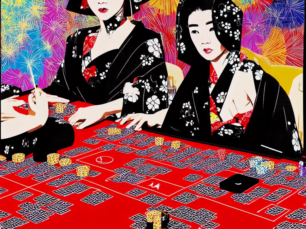 Image similar to hyperrealism composition of the detailed woman in a japanese kimono sitting at an extremely detailed poker table with darth vader, fireworks on the background, pop - art style, jacky tsai style, andy warhol style, acrylic on canvas