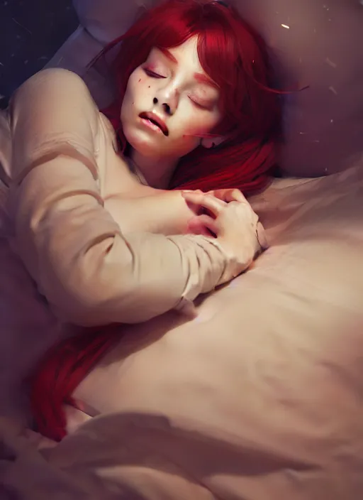 Image similar to sleeping portrait of wendy's mascot wendy thomas, hyper detailed, digital art, trending in artstation, cinematic lighting, studio quality, smooth render, unreal engine 5 rendered, octane rendered, art style by klimt and nixeu and ian sprigger and wlop and krenz cushart.