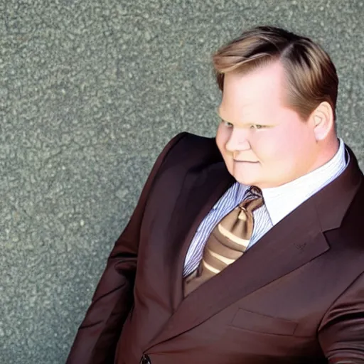 Image similar to Andy Richter is wearing a chocolate brown suit and necktie. Andy is standing outside in the bright sun. His face is glistening with sweat.
