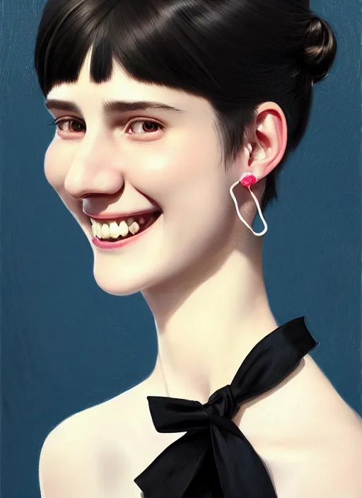 Image similar to portrait of white teenage girl, narrow face, short black hair, bangs, half updo hairstyle, buck toothed big smile, unattractive, defined jawline, long chin, wearing hair bow, earrings, intricate, elegant, glowing lights, highly detailed, digital painting, artstation, sharp focus, illustration, art by wlop, mars ravelo and greg rutkowski