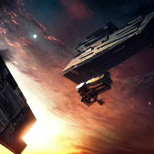 Image similar to spaceship made of cargo containers, black background, eve online, the expanse, long shot, gritty, industrial