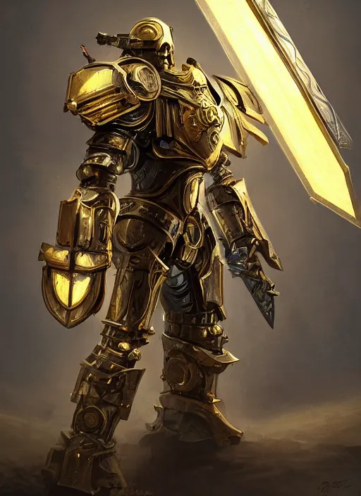 Image similar to dynamic portrait of a intricate glorious holy mechanical warforged character in yellow armor holding a paladin engraved great longsword drawn and carrying a big paladin shield, spotlight from face , epic , trending on ArtStation, masterpiece, cinematic lighting, by Greg Rutkowski and by Ross Tran