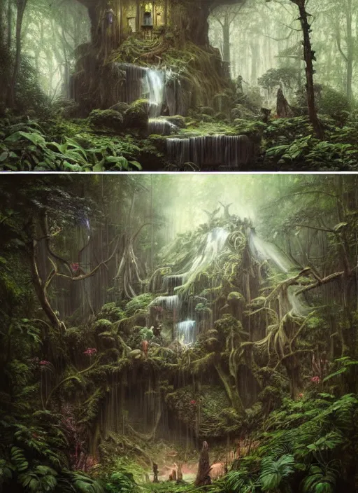 Image similar to a hyper realistic architectural witch shrine under a waterfall in the woods, gorgeous lighting, lush forest foliage, painting by chiara bautista and tom bagshaw, muca beksinski and norman rockwell and greg rutkowski weta studio, and lucasfilm