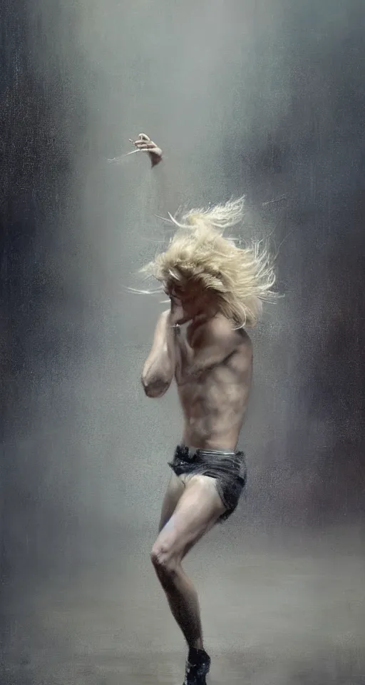 Prompt: painting of a beautiful pale androgynous blond man, dancing in the rain, by Jeremy Mann and Jason Jenicke, 70mm, cinematic, highly detailed, stylized, loose brush strokes, intricate, realistic, exaggerated lighting, dramatic lighting, sense of scale, sense of movement, sensual