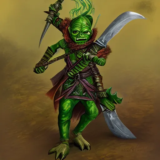 Prompt: character portrait of a wild - eyed green - skinned androgynous goblin pirate wielding daggers and wearing fully clothed leather armor. d & d. warhammer fantasy. digital painting. high detail.