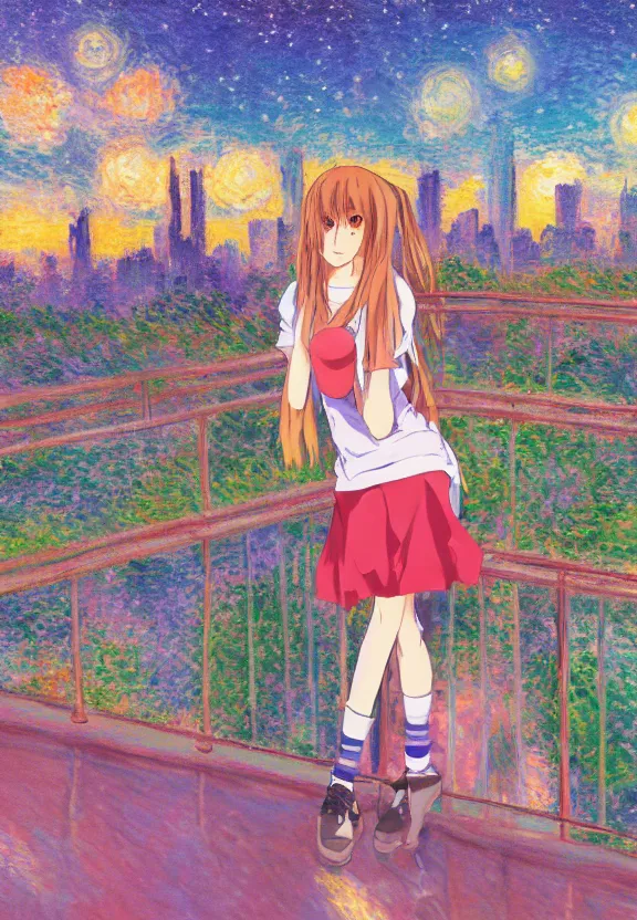 Prompt: wide angle portrait of a teenage girl, a thrifty outfit, somewhat of an anime in impressionist style, city street view background, starlit night sky, trending artwork, illustrated in anime painter studio, by claude monet and an anime artist, collaboration