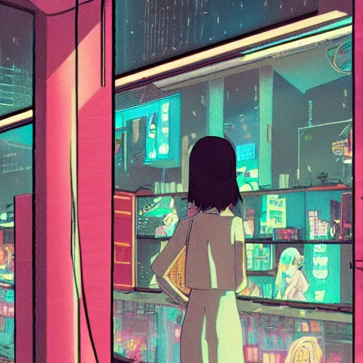 Prompt: cyberpunk girl sitting inside an empty store being looked at through the window in the style of studio ghibli, soft anime illustration, dark neon colors, soft ambience, zoomed in, backlit, lots of details