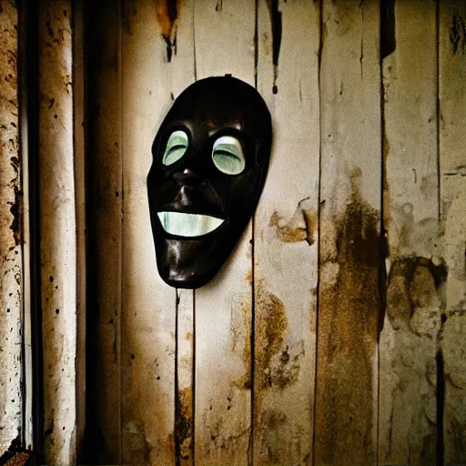 Image similar to found footage of floating mask in abandoned house. grainy creepy, children illustration.